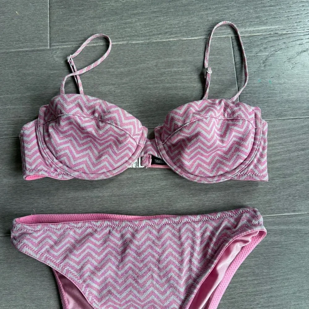 TRIANGL Rhian Mirage Bikini Set Pink Chevron Sparkle | Top S Bottom XS Beach
